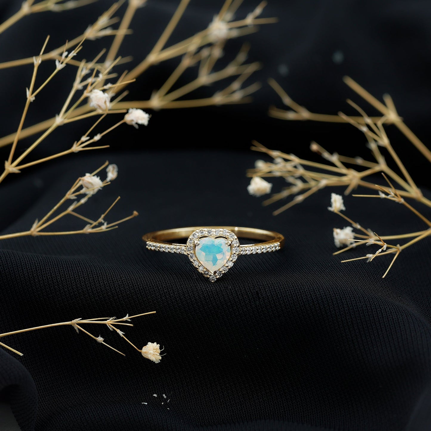 Natural Ethiopian Opal Heart Shaped Engagement Ring with Diamond Halo
