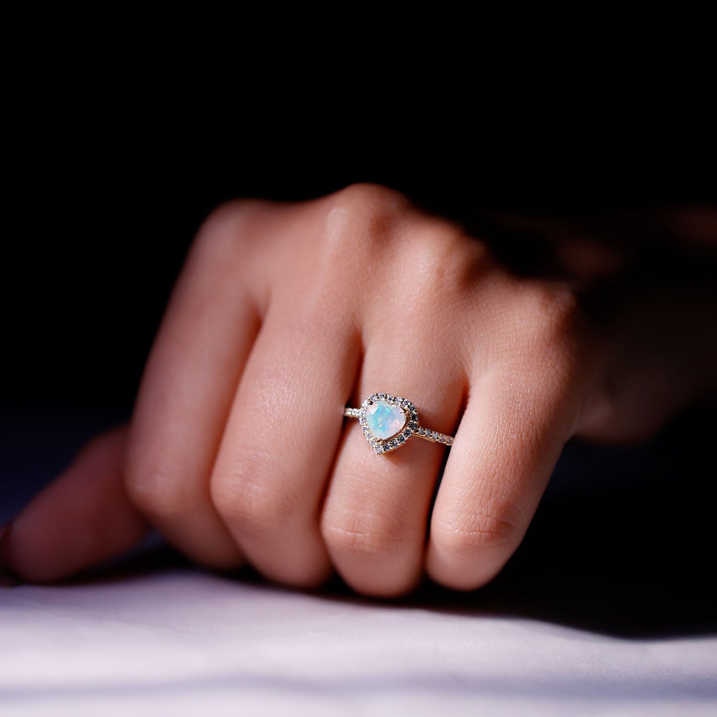 Natural Ethiopian Opal Heart Shaped Engagement Ring with Diamond Halo