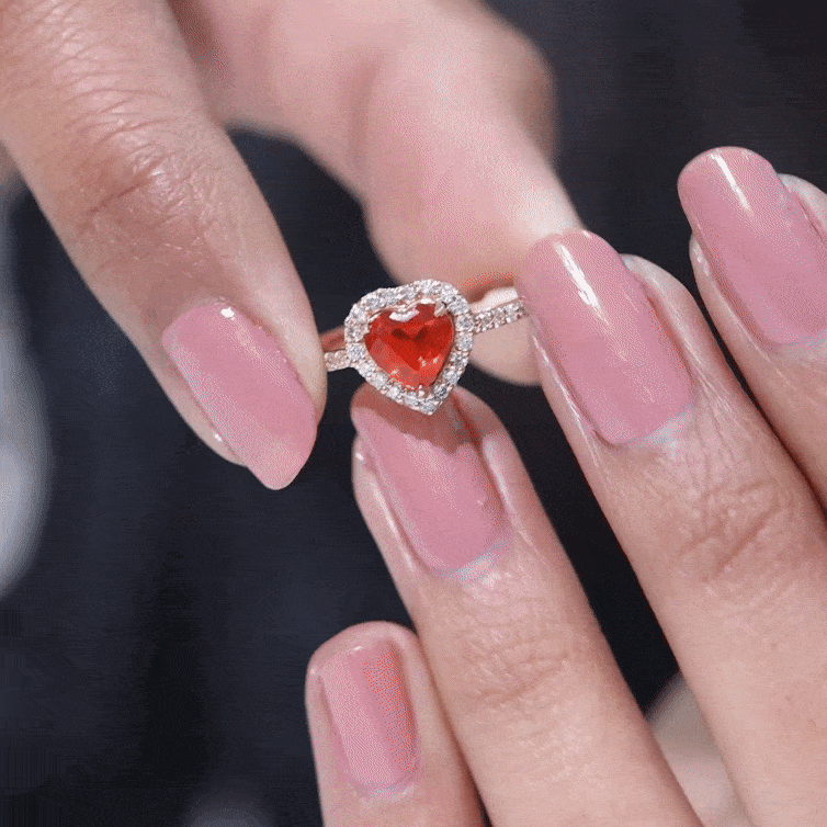 0.9 Carat Heart Shape Fire Opal Engagement Ring with Diamond Halo