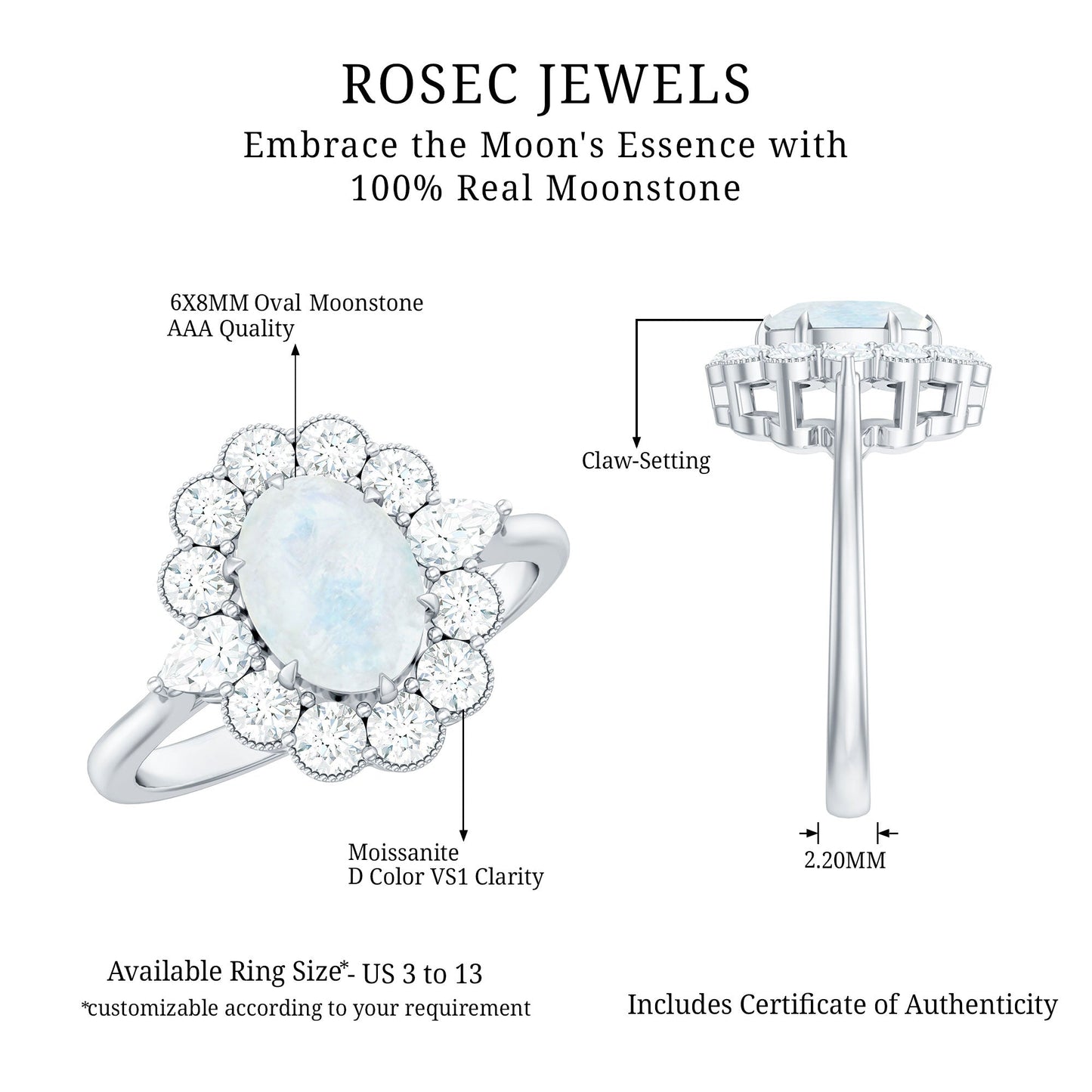 Natural 0.6 Carat Oval Shape Moonstone Engagement Ring With Moissanite