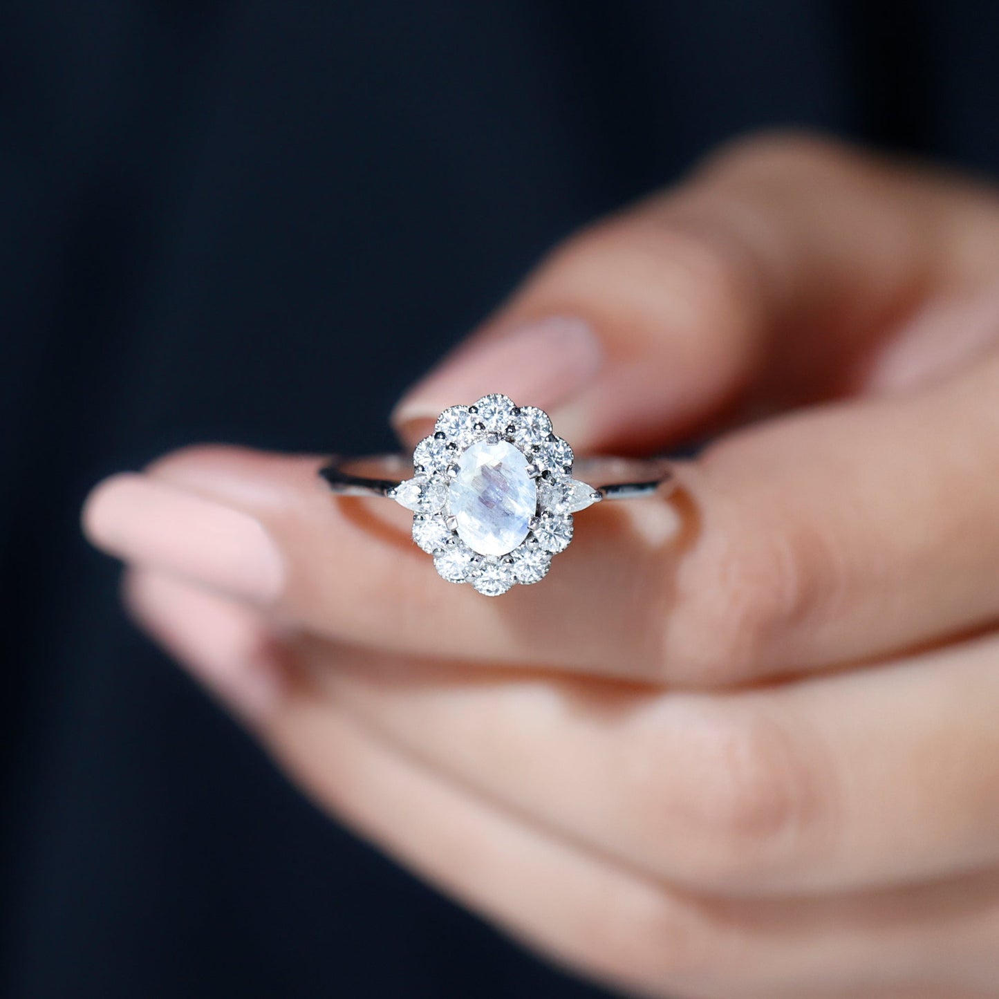 Natural 0.6 Carat Oval Shape Moonstone Engagement Ring With Moissanite