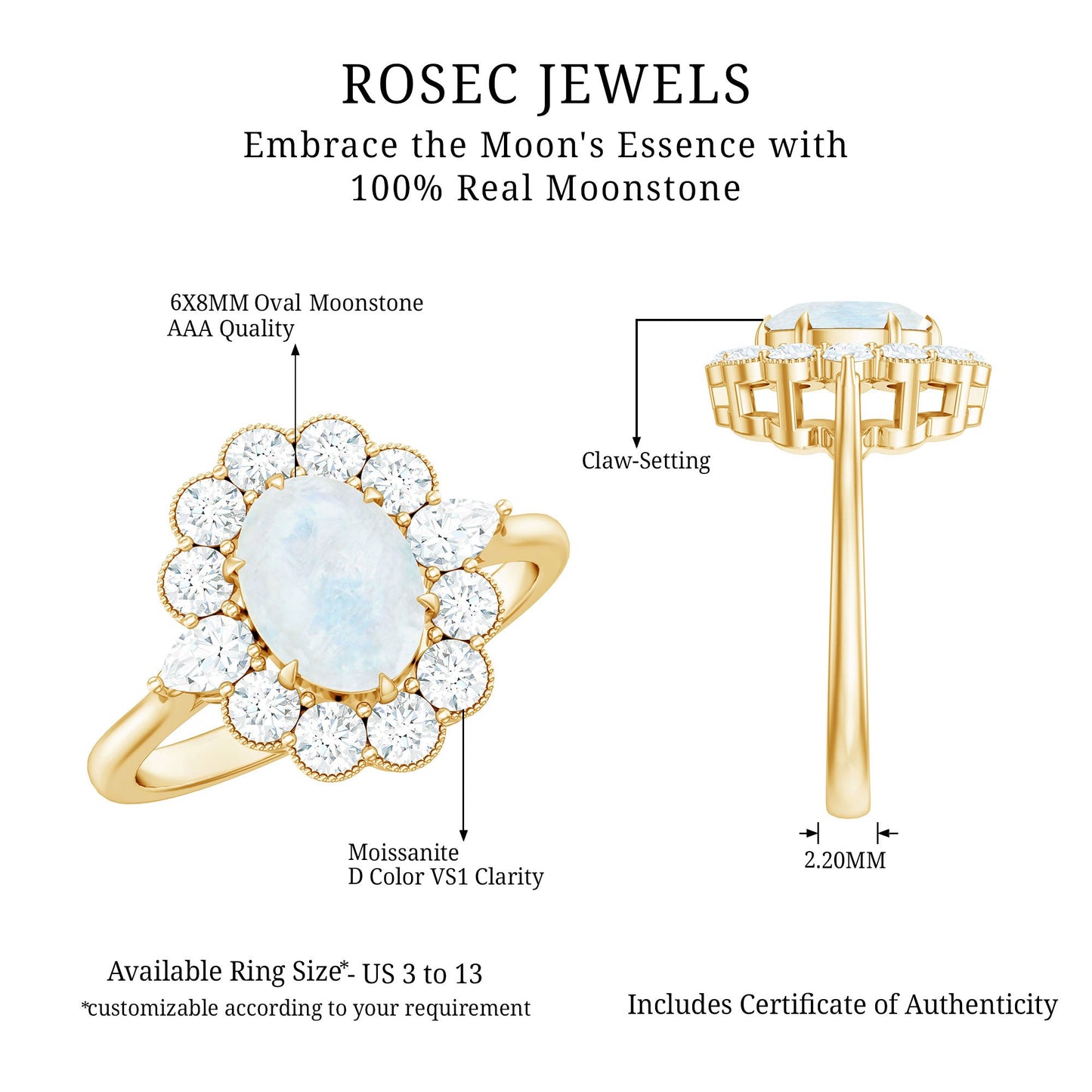 Natural 0.6 Carat Oval Shape Moonstone Engagement Ring With Moissanite