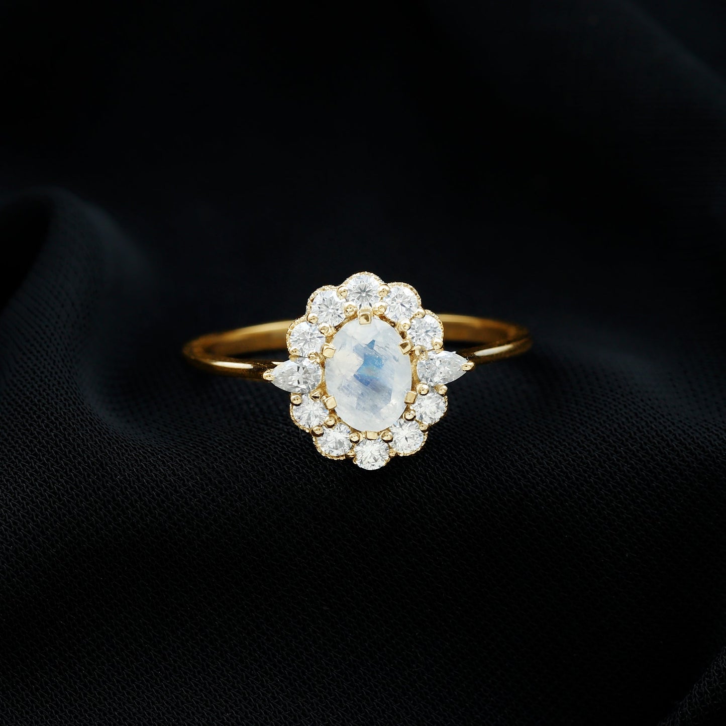 Natural 0.6 Carat Oval Shape Moonstone Engagement Ring With Moissanite