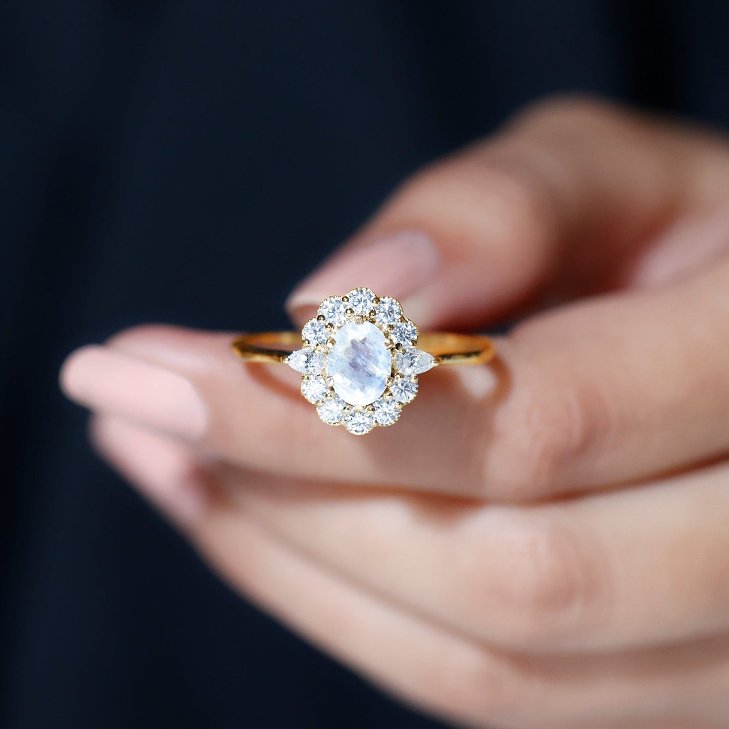 Natural 0.6 Carat Oval Shape Moonstone Engagement Ring With Moissanite