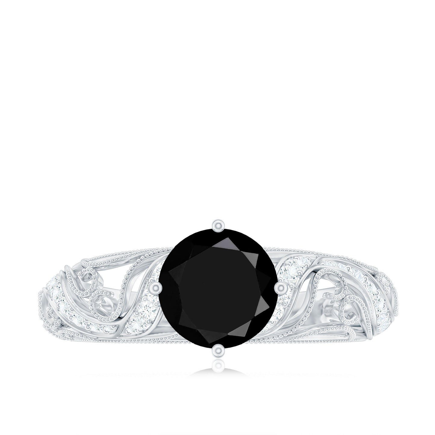 Round Created Black Diamond Vintage Inspired Engagement Ring with Diamond