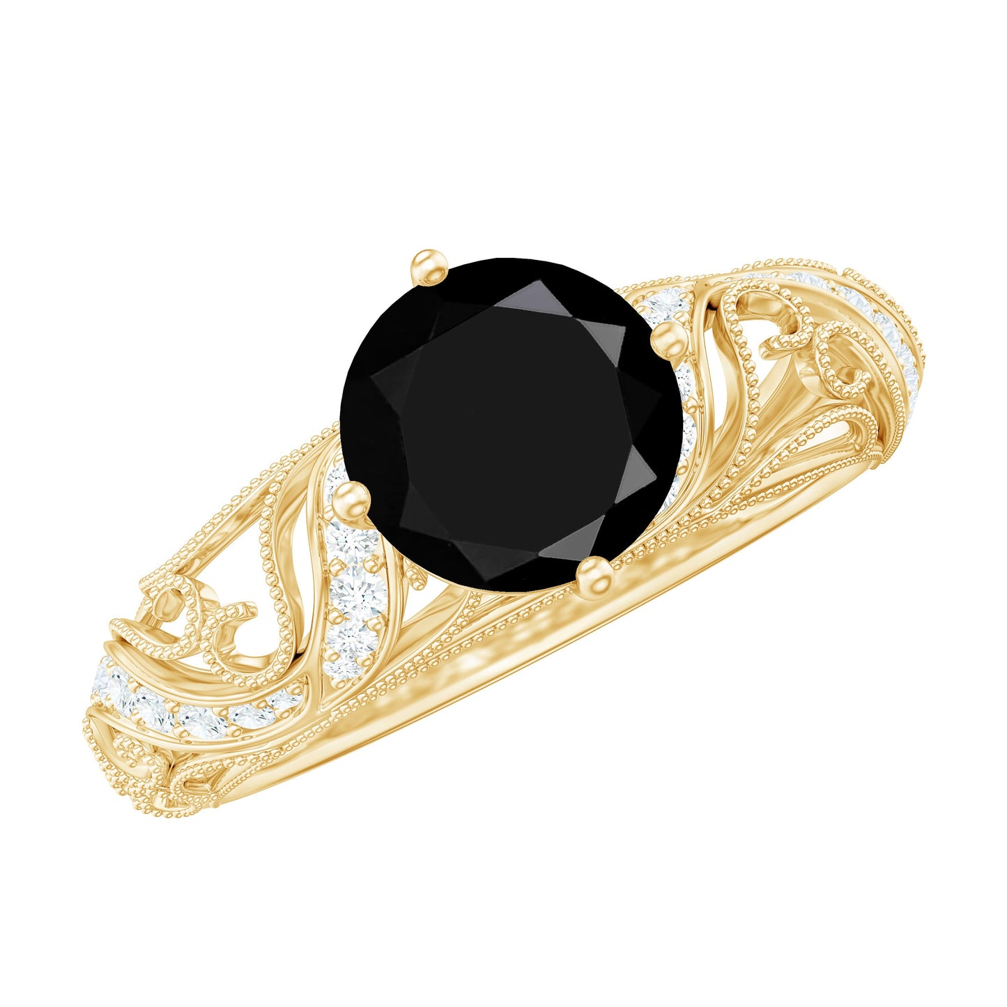 Round Created Black Diamond Vintage Inspired Engagement Ring with Diamond