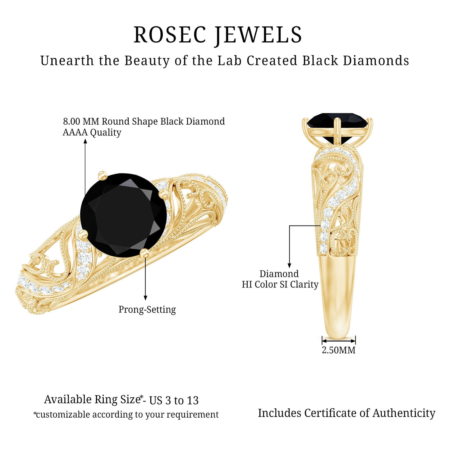 Round Created Black Diamond Vintage Inspired Engagement Ring with Diamond