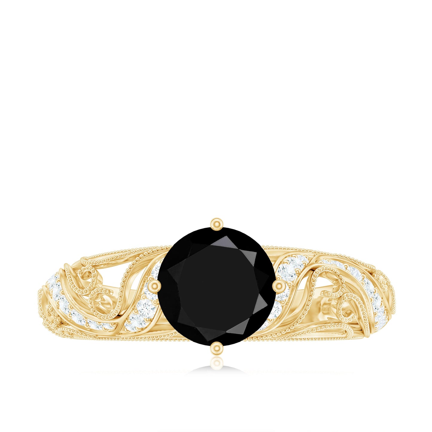 Round Created Black Diamond Vintage Inspired Engagement Ring with Diamond