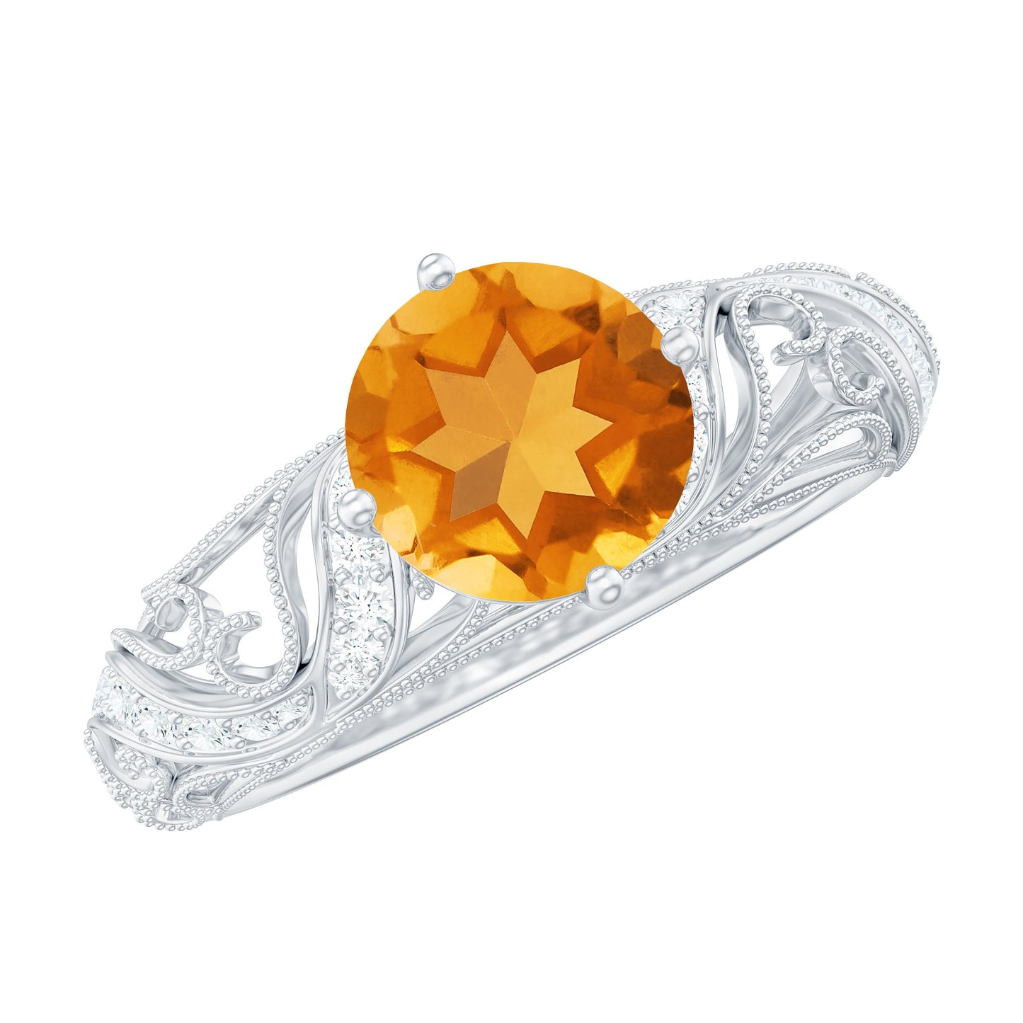 Genuine Citrine Vintage Looking Engagement Ring with Diamond