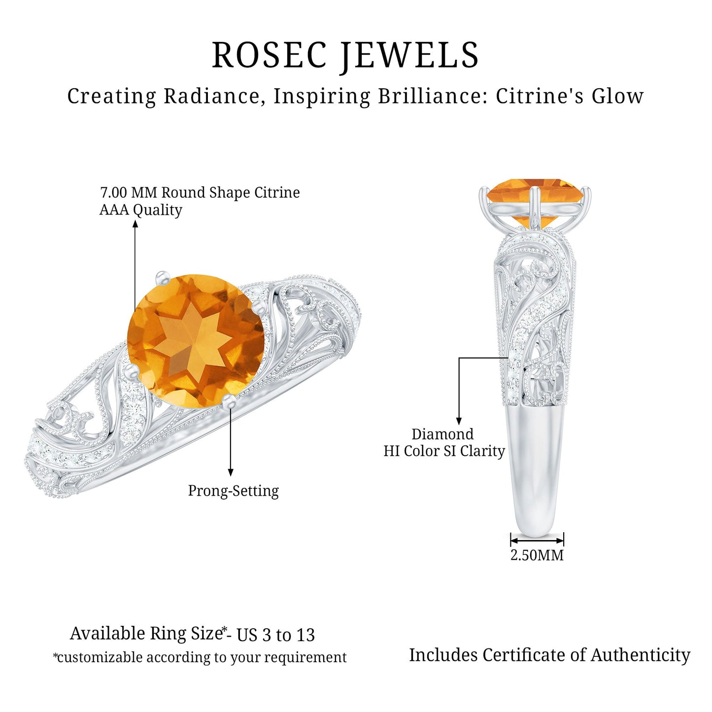 Genuine Citrine Vintage Looking Engagement Ring with Diamond