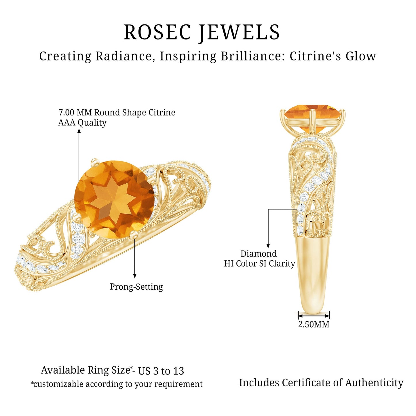 Genuine Citrine Vintage Looking Engagement Ring with Diamond