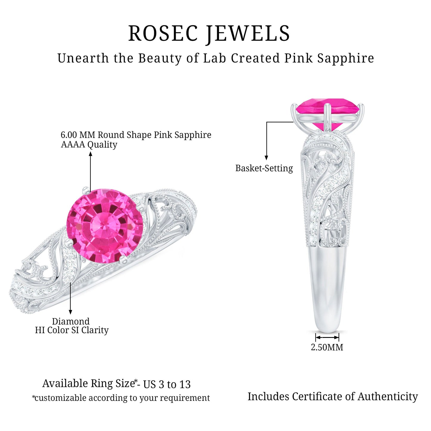 Lab Grown Pink Sapphire Antique Engagement Ring With Diamond