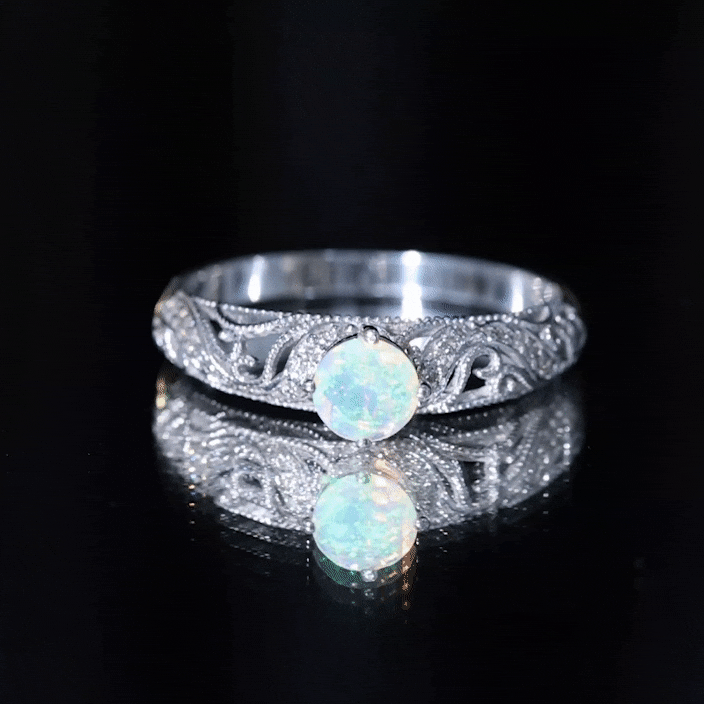 Genuine Ethiopian Rainbow Opal Vintage Inspired Engagement Ring with Diamond