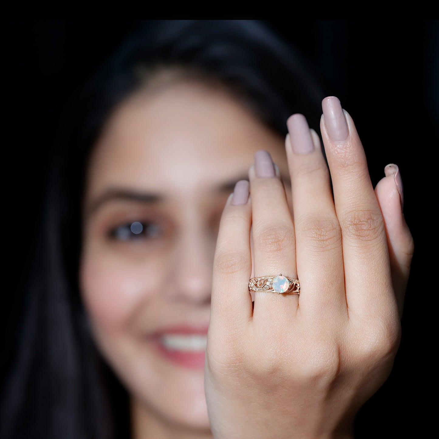 Genuine Ethiopian Rainbow Opal Vintage Inspired Engagement Ring with Diamond