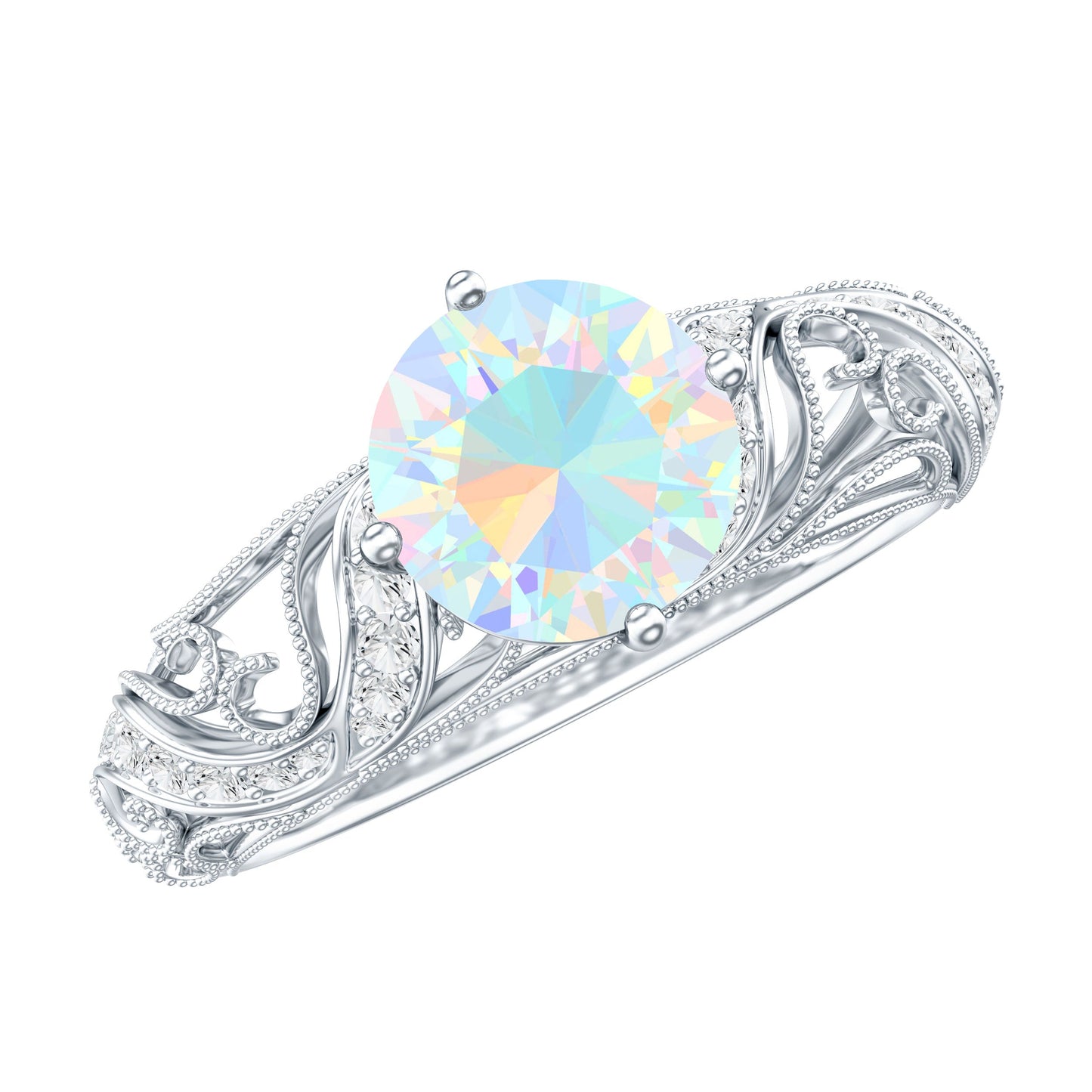 Genuine Ethiopian Rainbow Opal Vintage Inspired Engagement Ring with Diamond