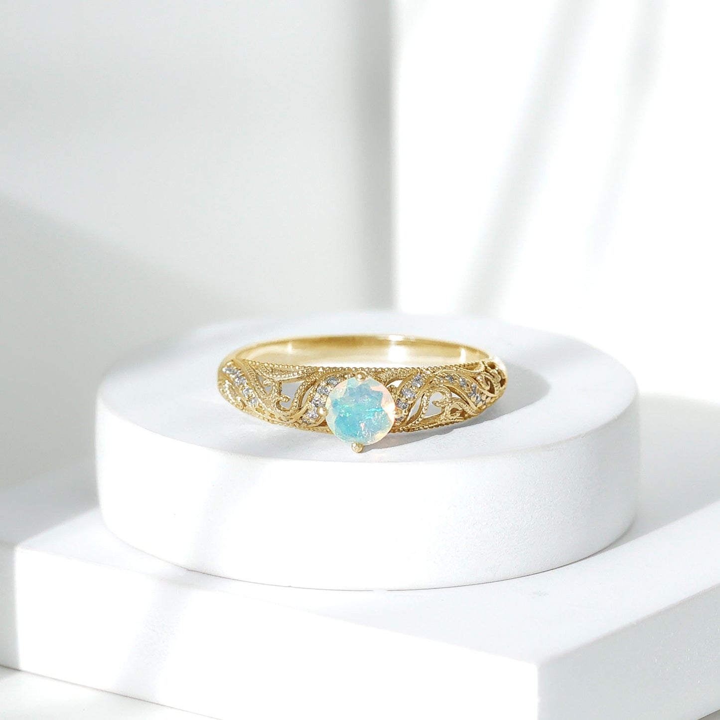 Genuine Ethiopian Rainbow Opal Vintage Inspired Engagement Ring with Diamond