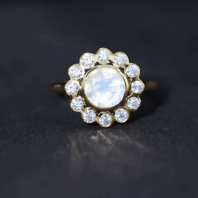 Round Moonstone and Diamond Halo Engagement Ring in Bezel Setting