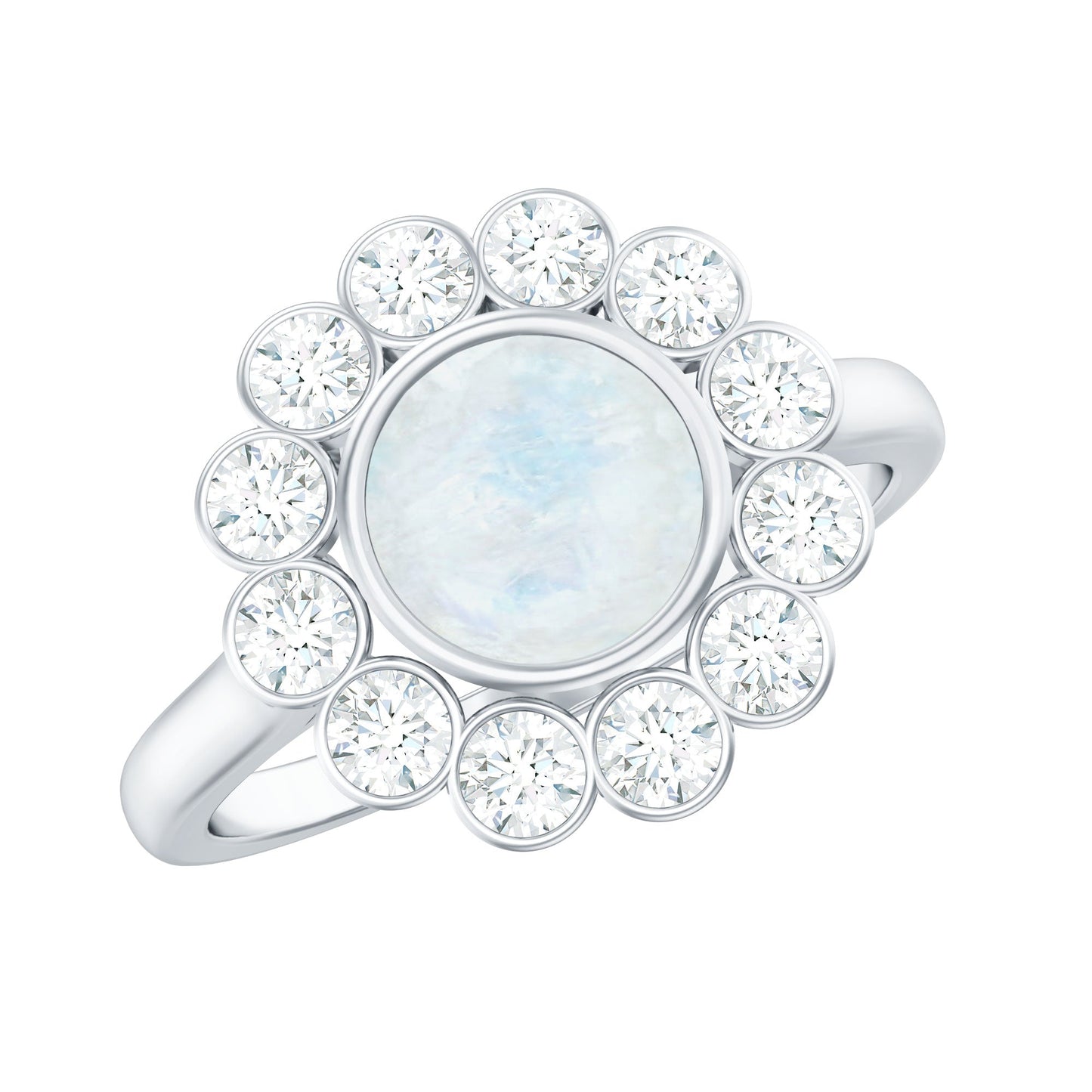 Round Moonstone and Diamond Halo Engagement Ring in Bezel Setting