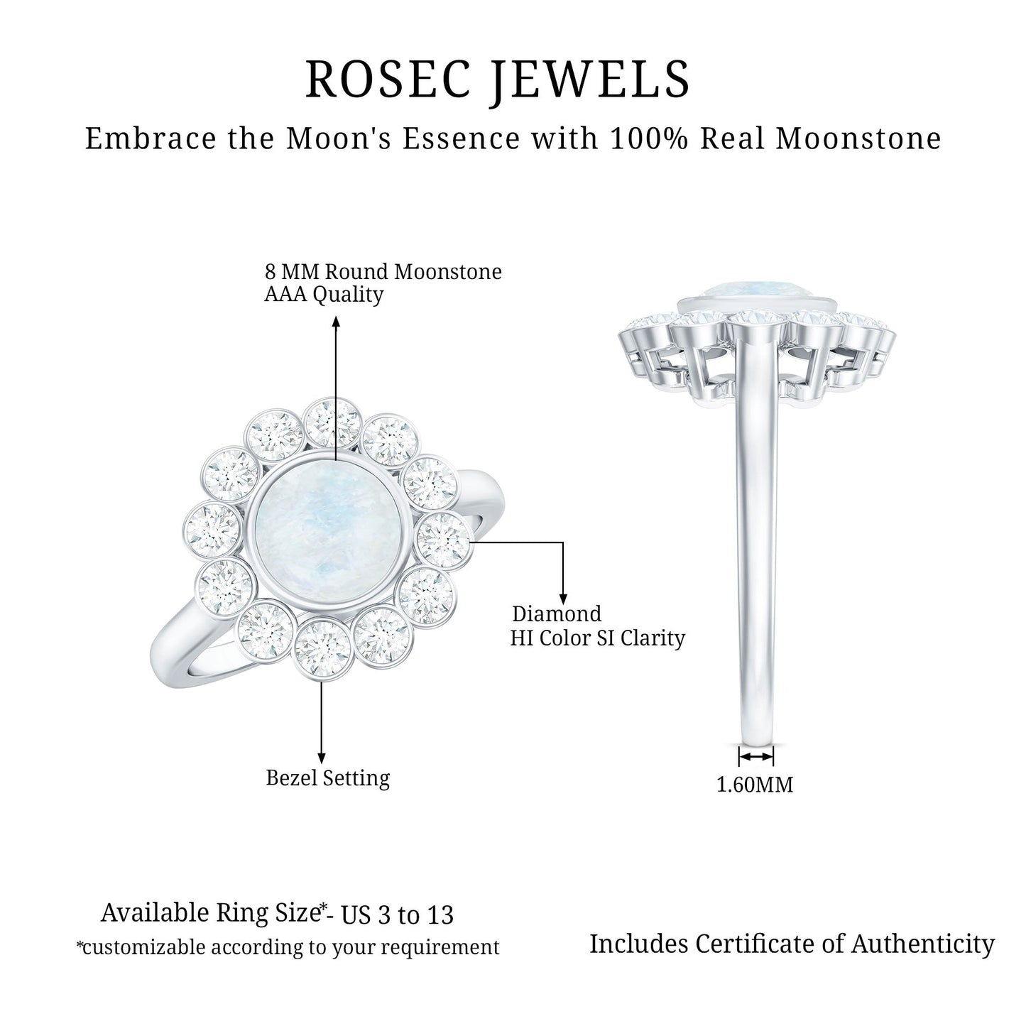 Round Moonstone and Diamond Halo Engagement Ring in Bezel Setting