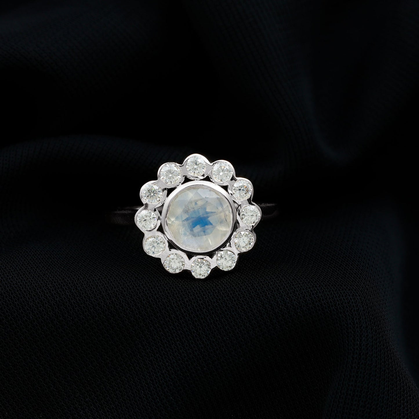 Round Moonstone and Diamond Halo Engagement Ring in Bezel Setting
