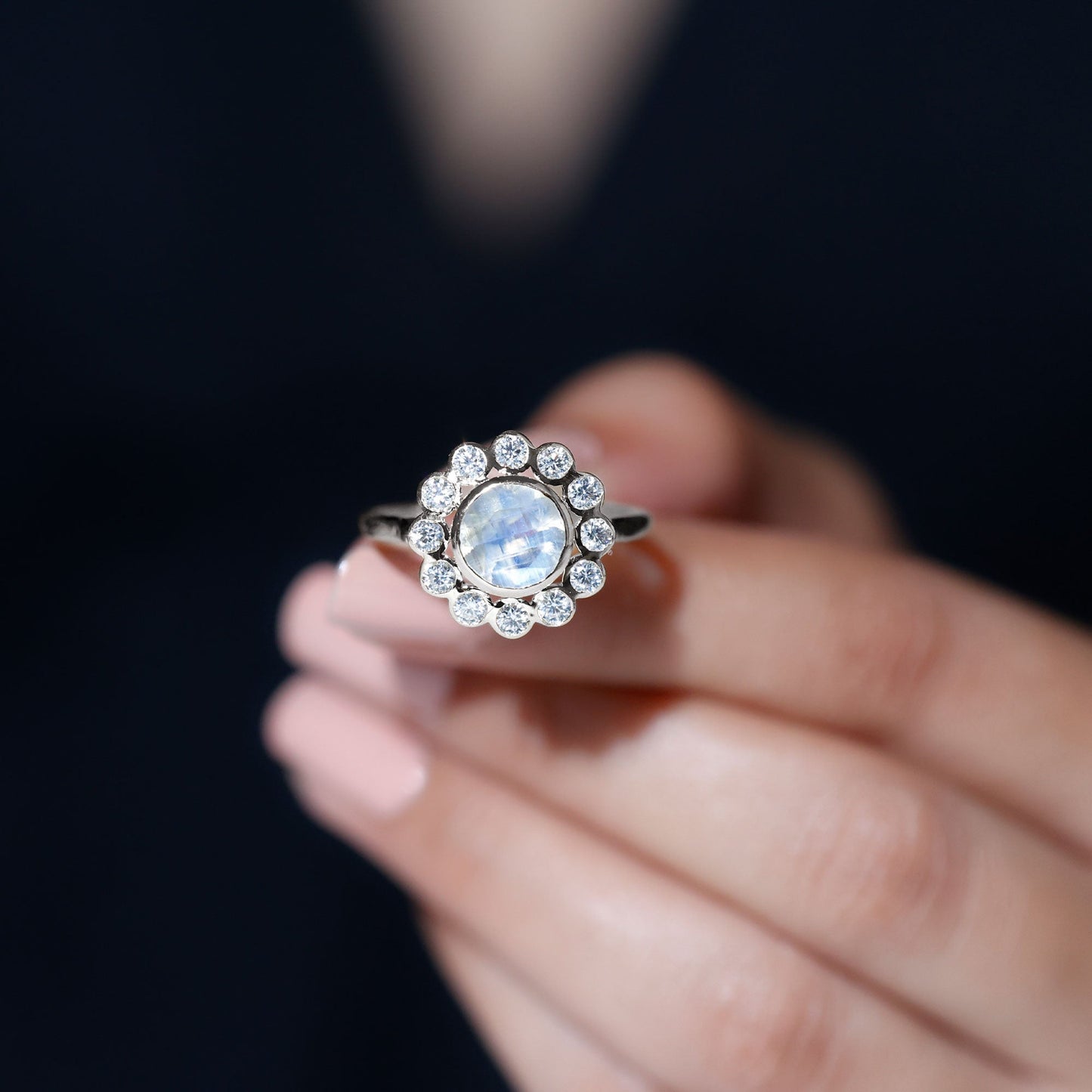 Round Moonstone and Diamond Halo Engagement Ring in Bezel Setting