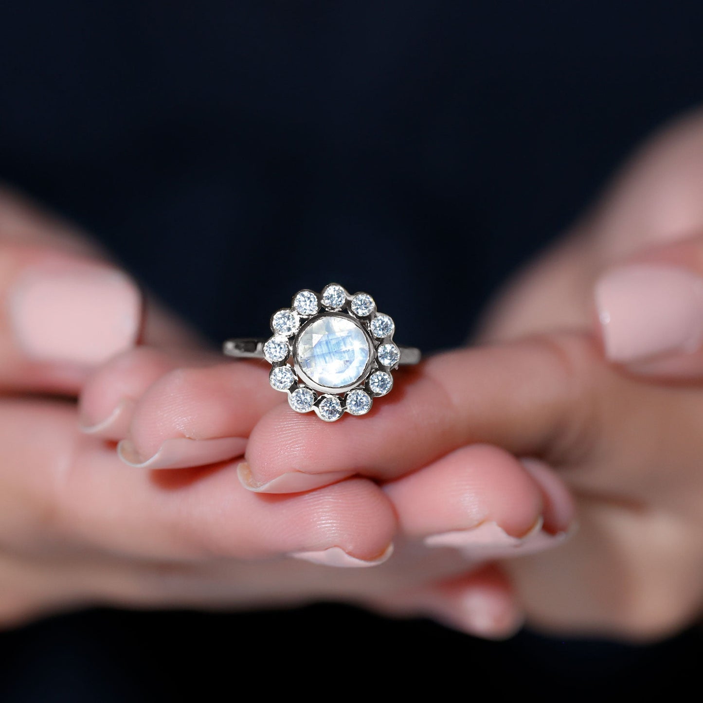Round Moonstone and Diamond Halo Engagement Ring in Bezel Setting