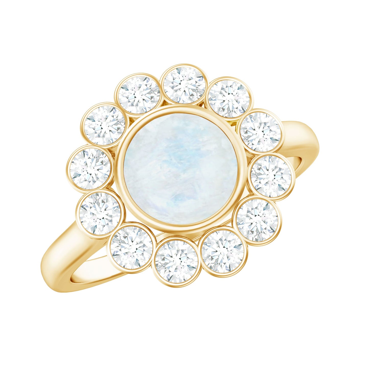 Round Moonstone and Diamond Halo Engagement Ring in Bezel Setting