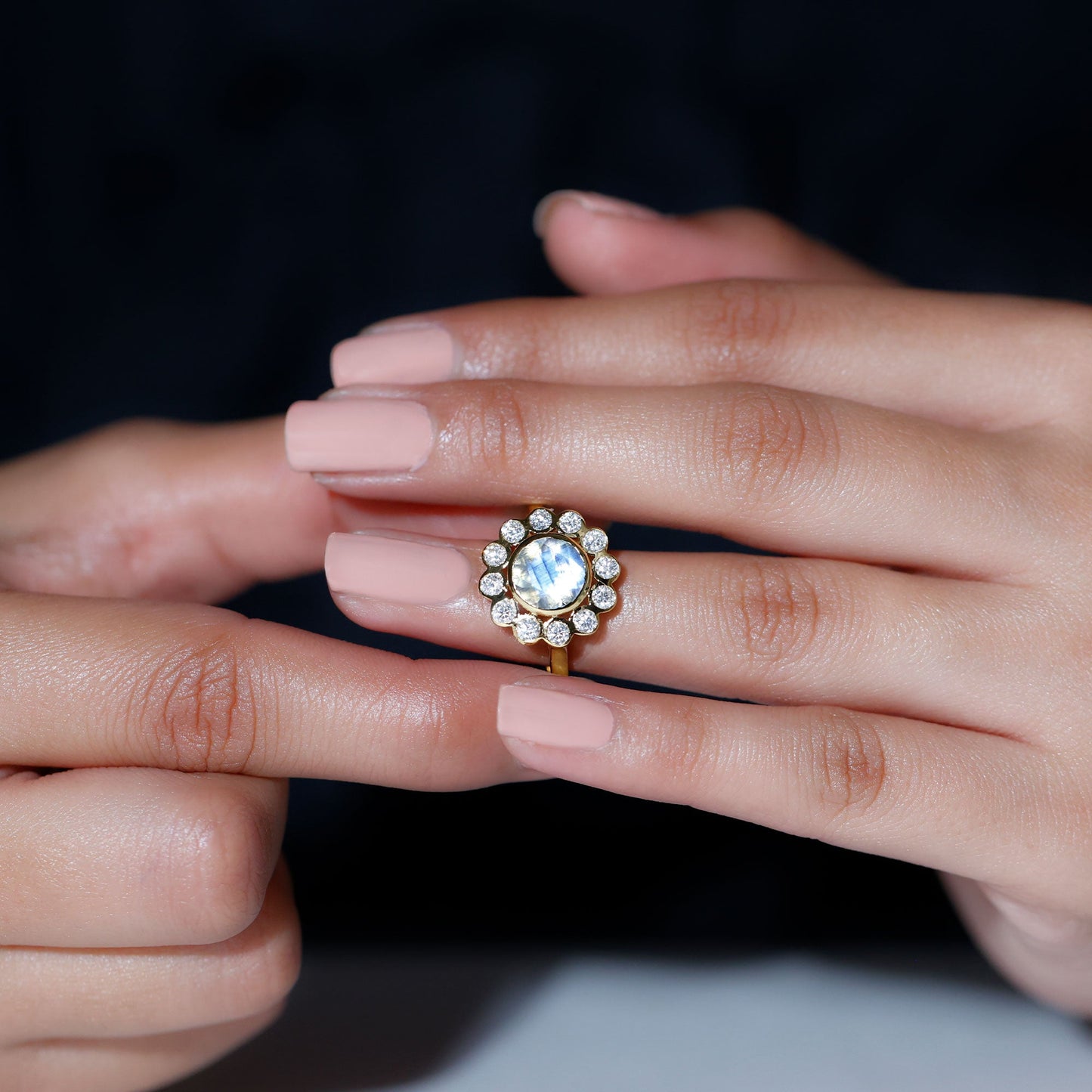 Round Moonstone and Diamond Halo Engagement Ring in Bezel Setting