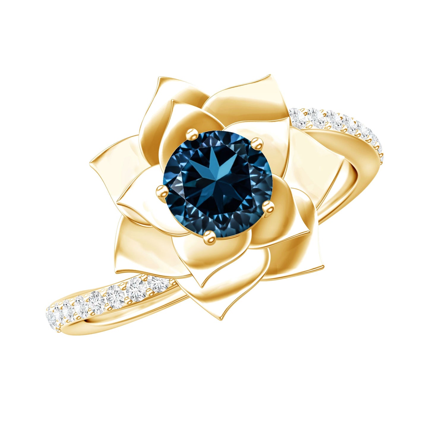 Flower Inspired London Blue Topaz Rose Engagement Ring with Diamond