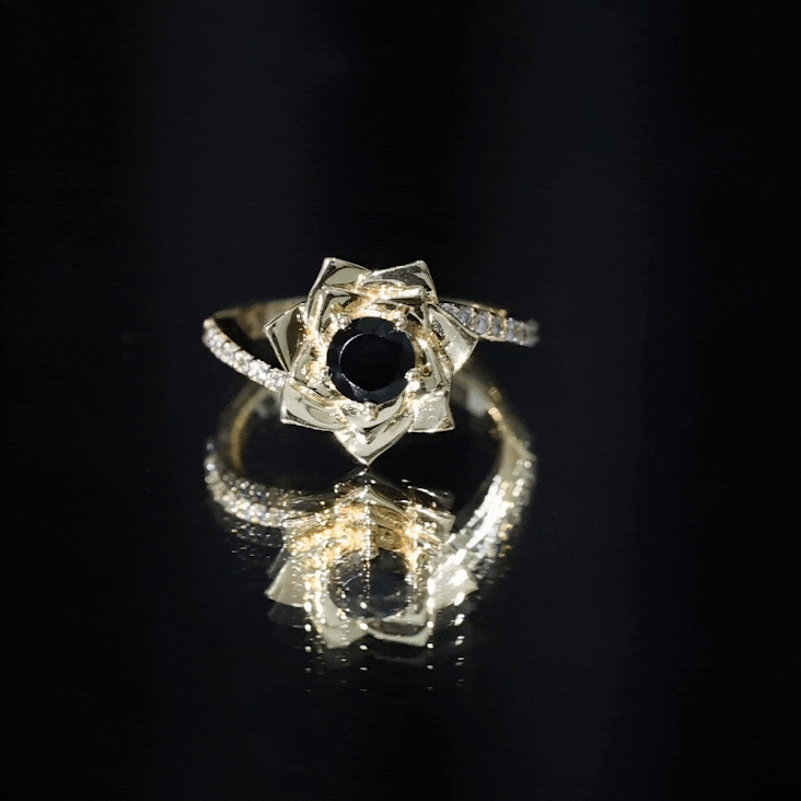 Flower Inspired Black Onyx Rose Engagement Ring with Diamond