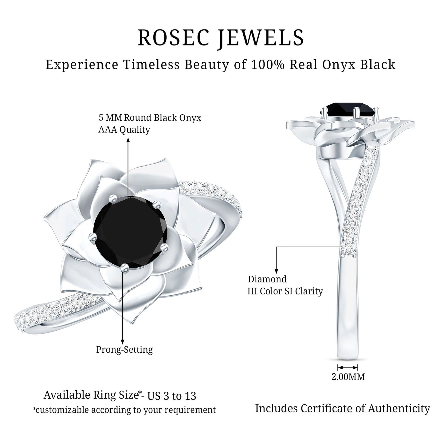 Flower Inspired Black Onyx Rose Engagement Ring with Diamond