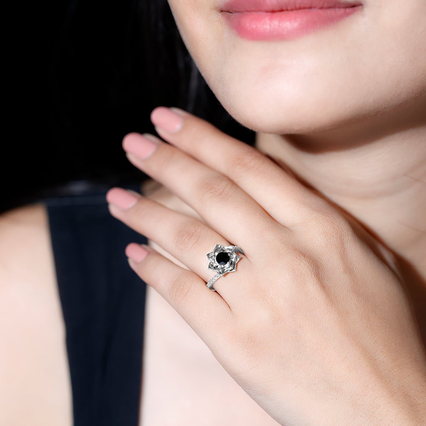 Flower Inspired Black Onyx Rose Engagement Ring with Diamond