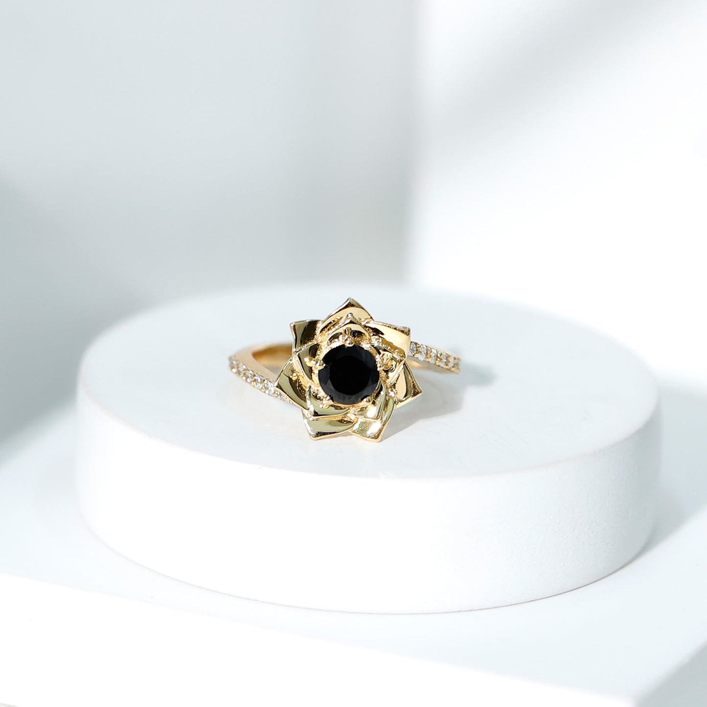 Flower Inspired Black Onyx Rose Engagement Ring with Diamond