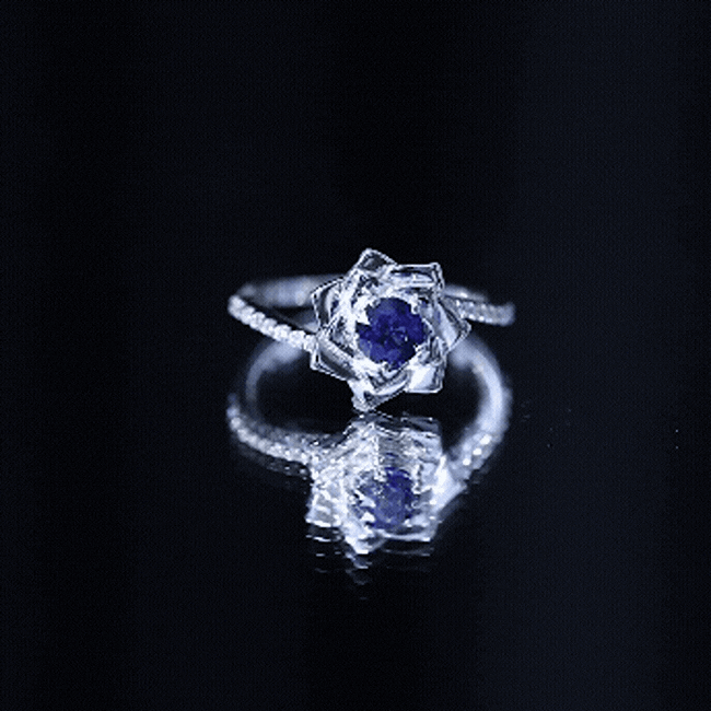 Real 0.9 Carat Blue Sapphire Rose Flower Engagement Ring with Diamond Bypass Shank