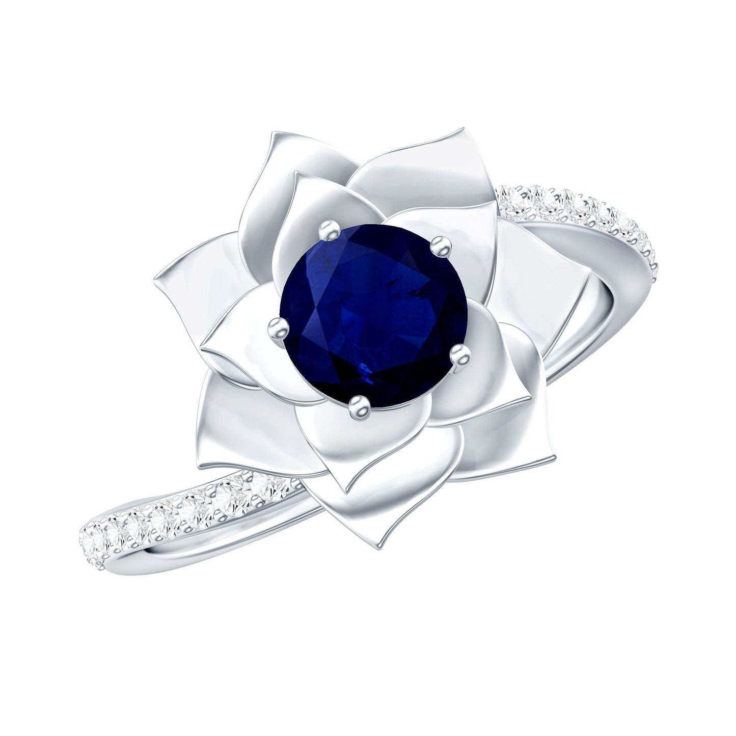 Real 0.9 Carat Blue Sapphire Rose Flower Engagement Ring with Diamond Bypass Shank