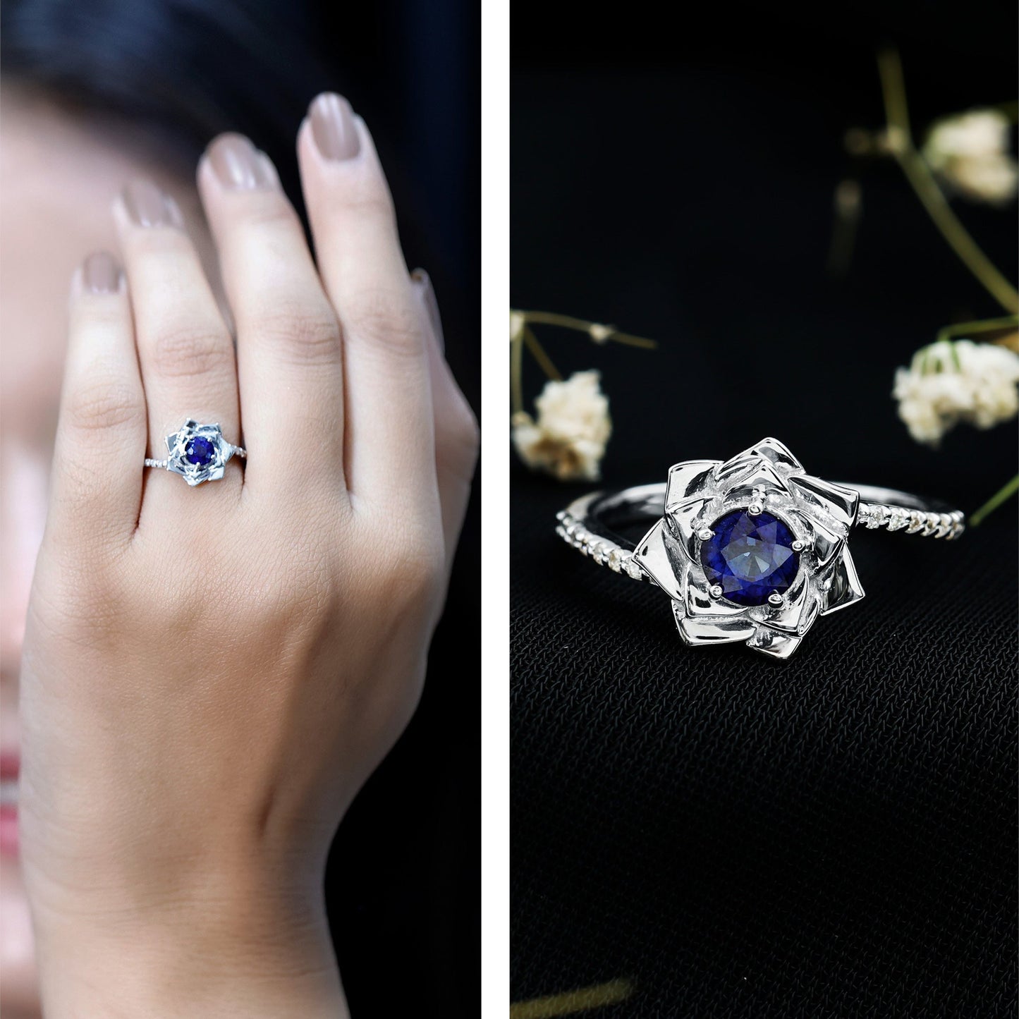 Real 0.9 Carat Blue Sapphire Rose Flower Engagement Ring with Diamond Bypass Shank