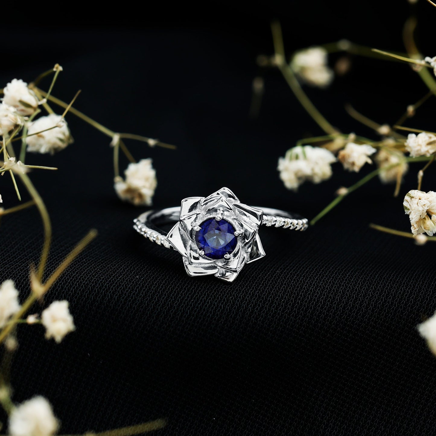 Real 0.9 Carat Blue Sapphire Rose Flower Engagement Ring with Diamond Bypass Shank