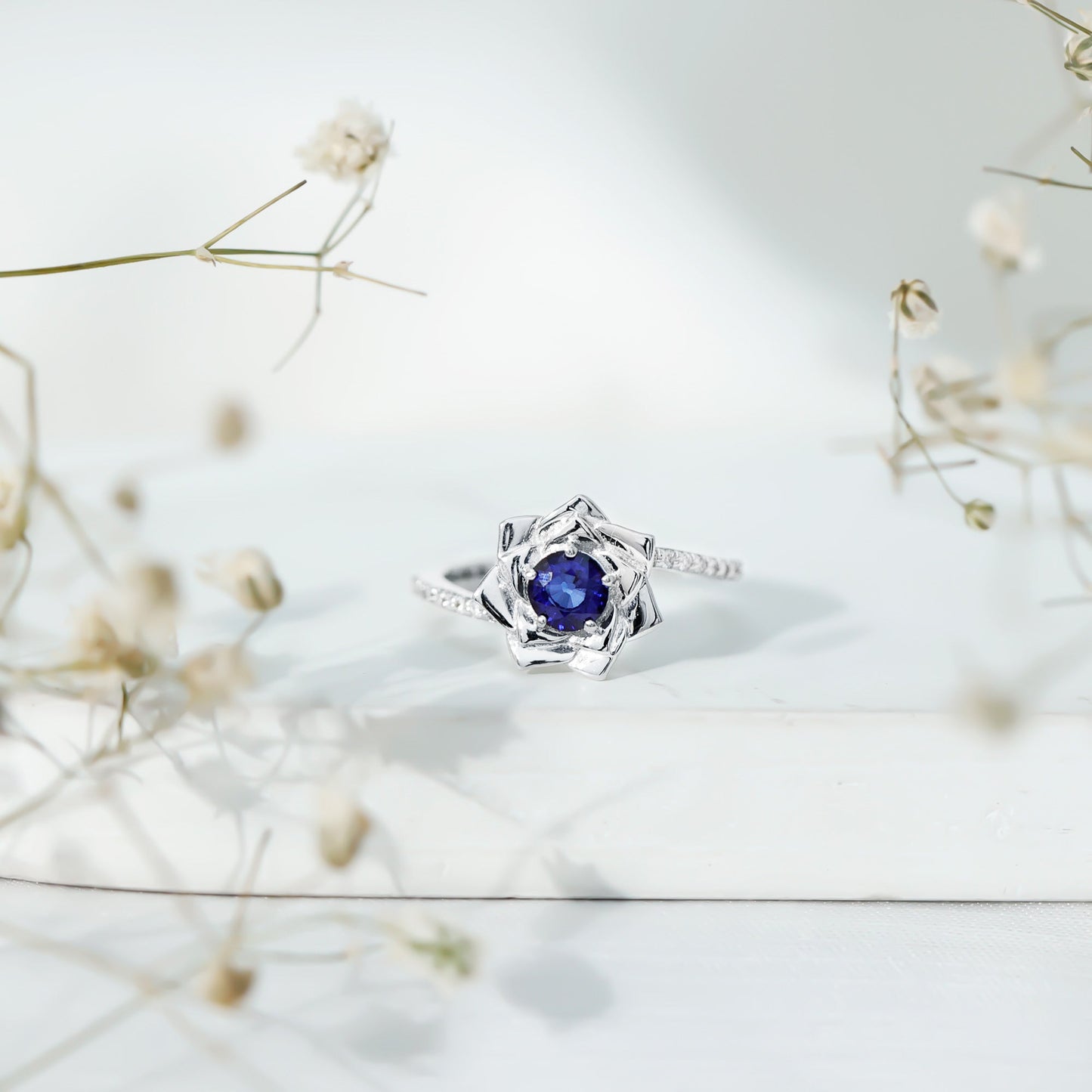 Real 0.9 Carat Blue Sapphire Rose Flower Engagement Ring with Diamond Bypass Shank