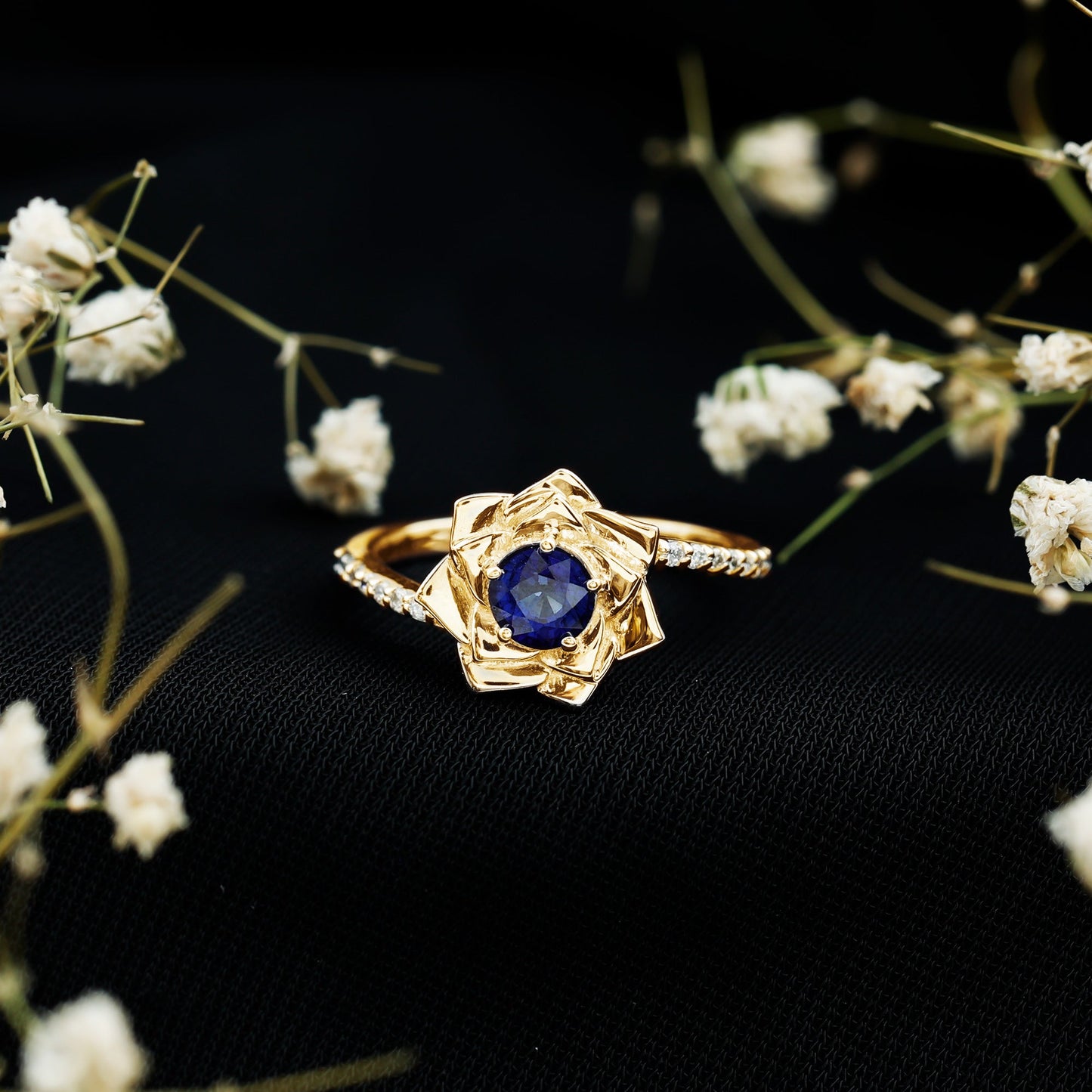 Real 0.9 Carat Blue Sapphire Rose Flower Engagement Ring with Diamond Bypass Shank