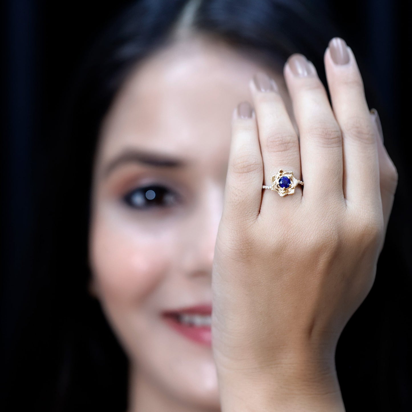 Real 0.9 Carat Blue Sapphire Rose Flower Engagement Ring with Diamond Bypass Shank