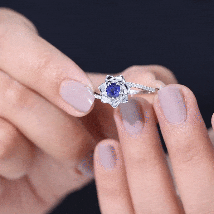 Lab Grown Blue Sapphire and Diamond Flower Bypass Ring
