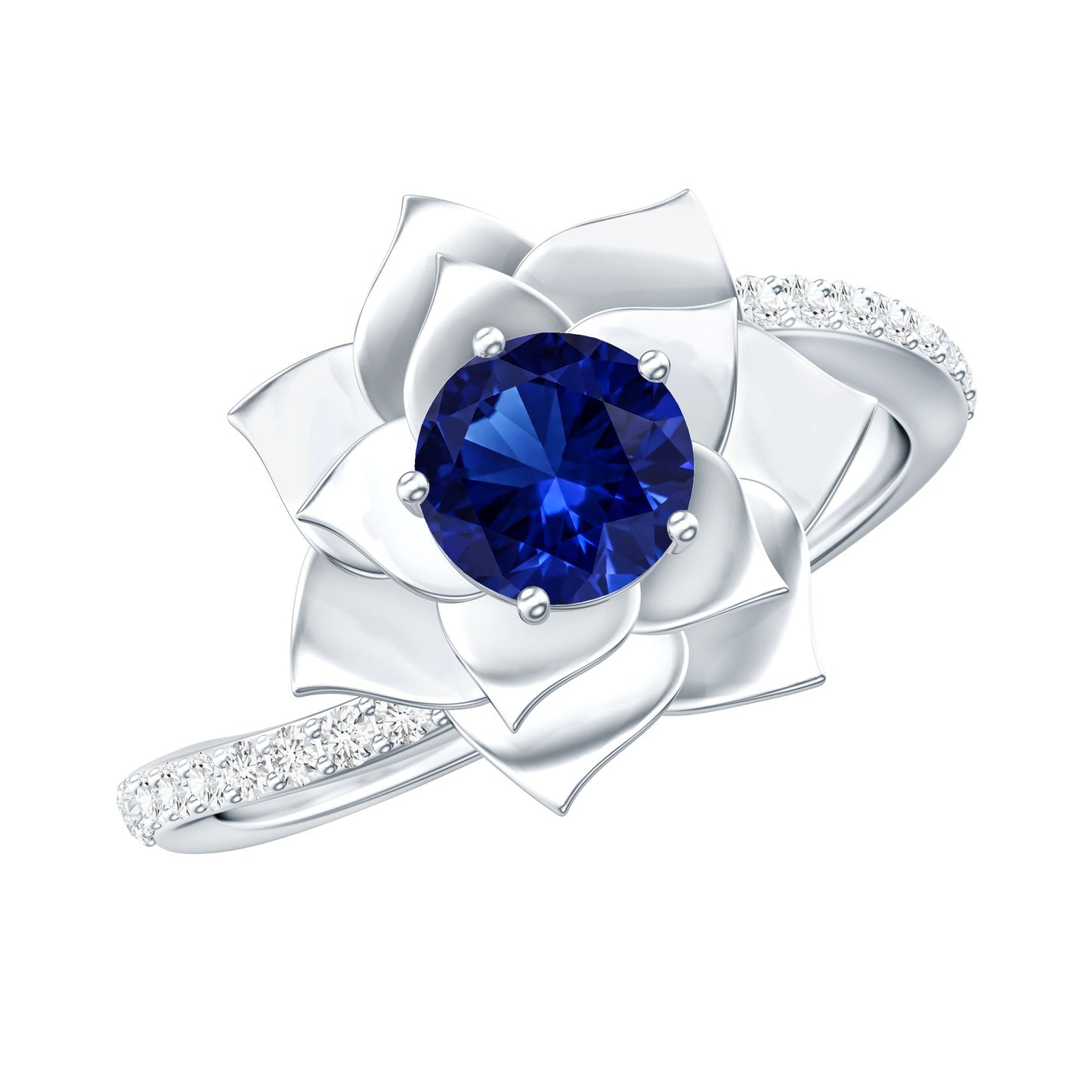 Lab Grown Blue Sapphire and Diamond Flower Bypass Ring