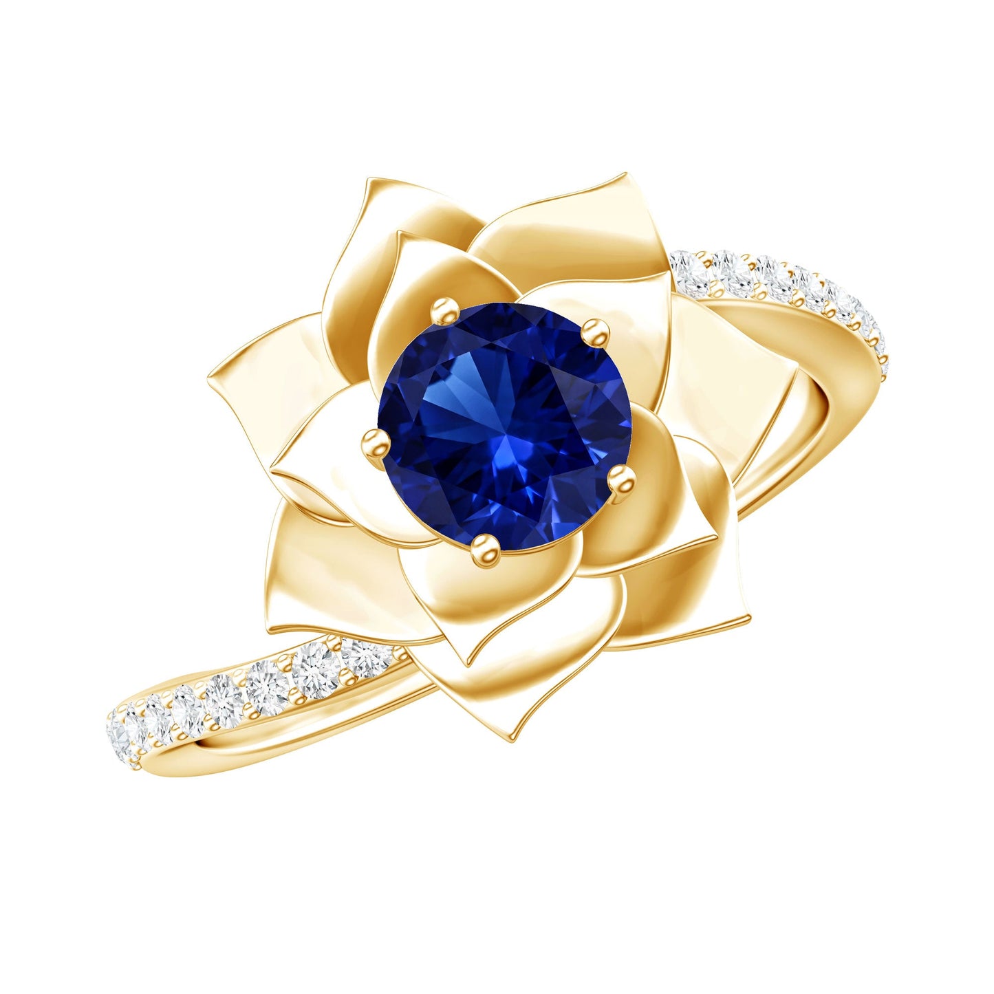 Lab Grown Blue Sapphire and Diamond Flower Bypass Ring