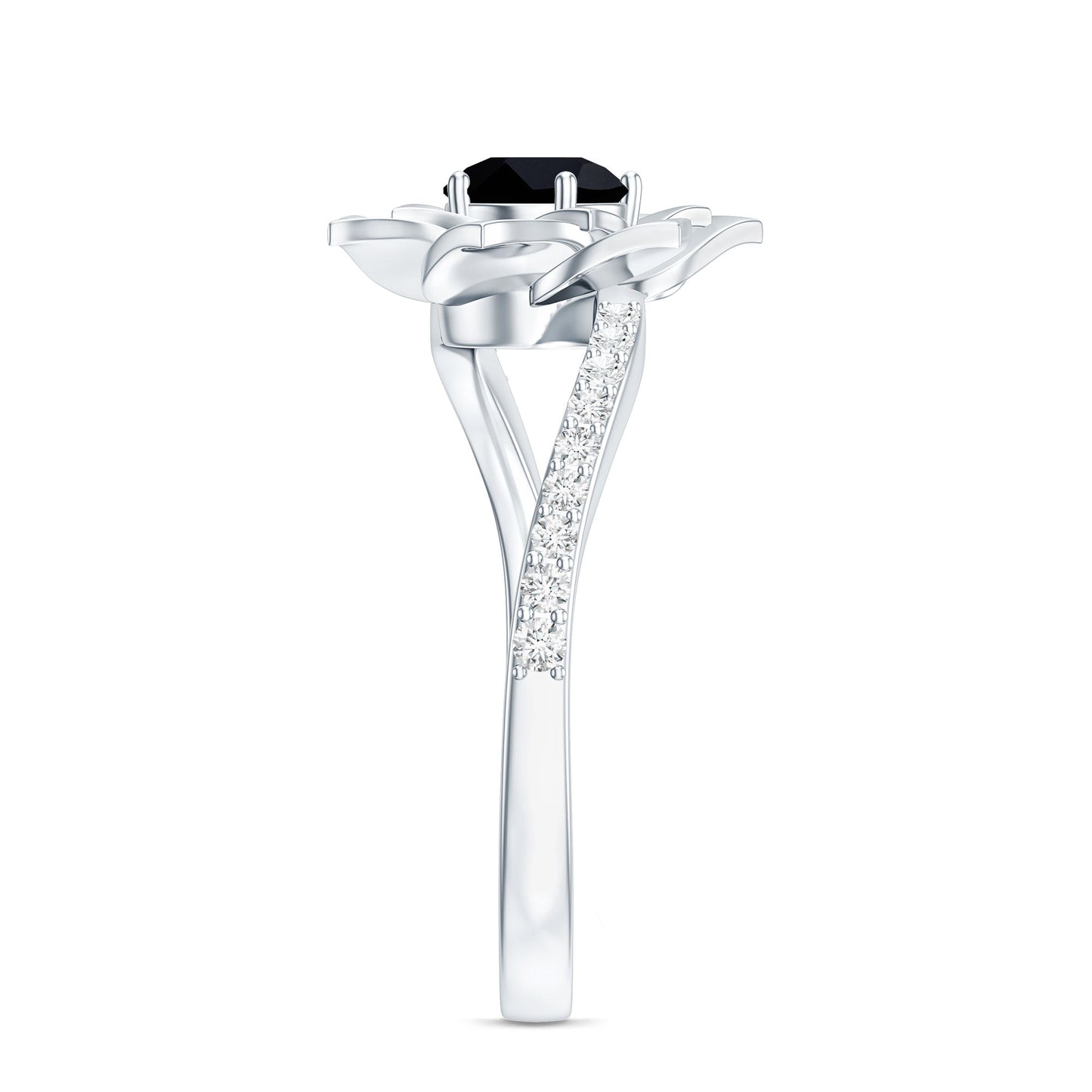 Certified 0.8 Carat Lab Grown Black Diamond Flower Engagement Ring with White Diamond