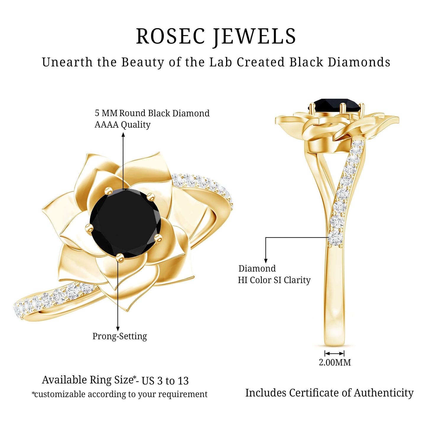Certified 0.8 Carat Lab Grown Black Diamond Flower Engagement Ring with White Diamond