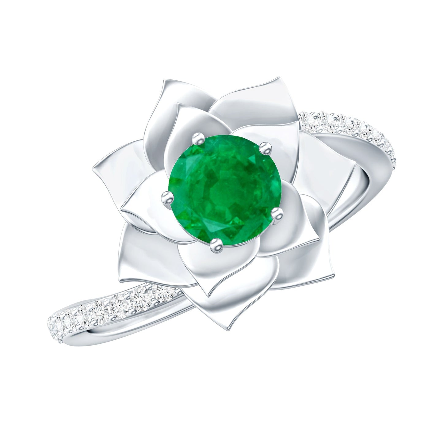Certified Real Emerald Flower Engagement Ring with Diamond Bypass Shank