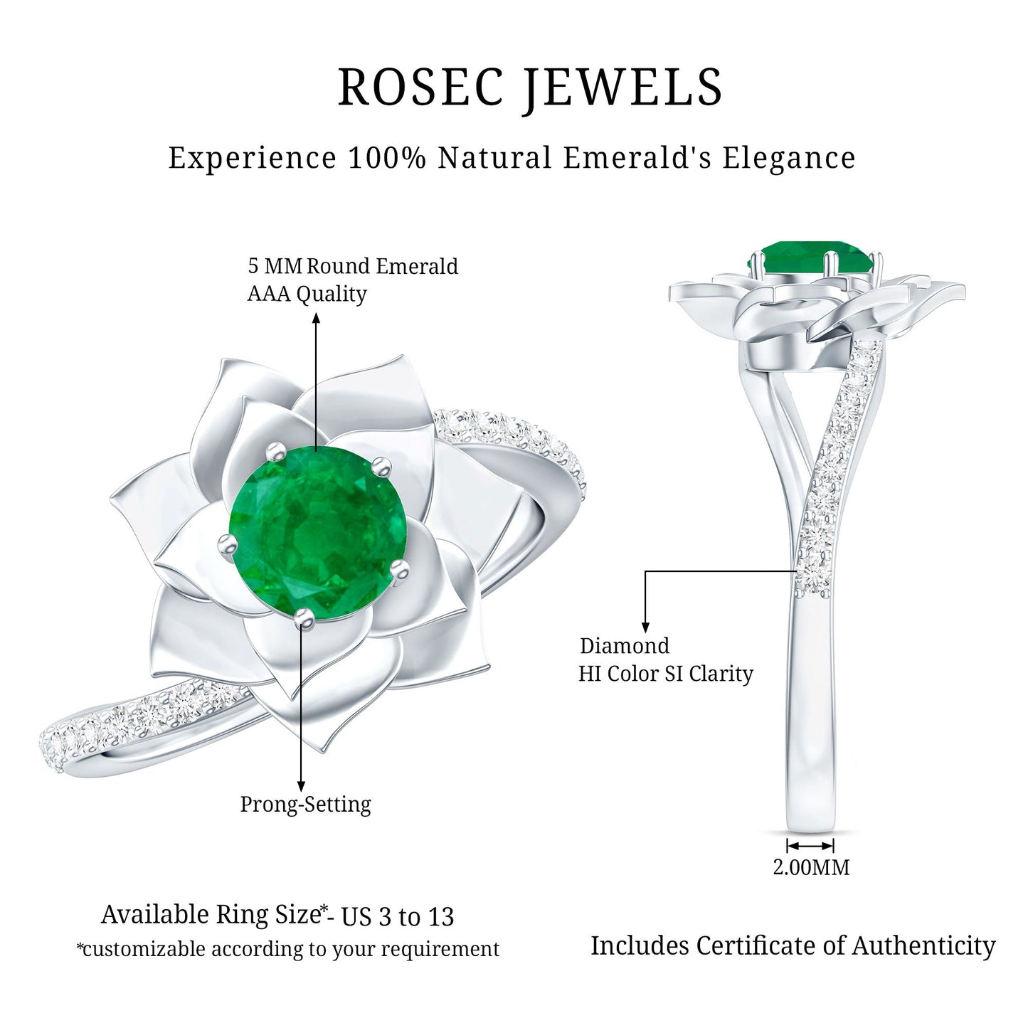 Certified Real Emerald Flower Engagement Ring with Diamond Bypass Shank
