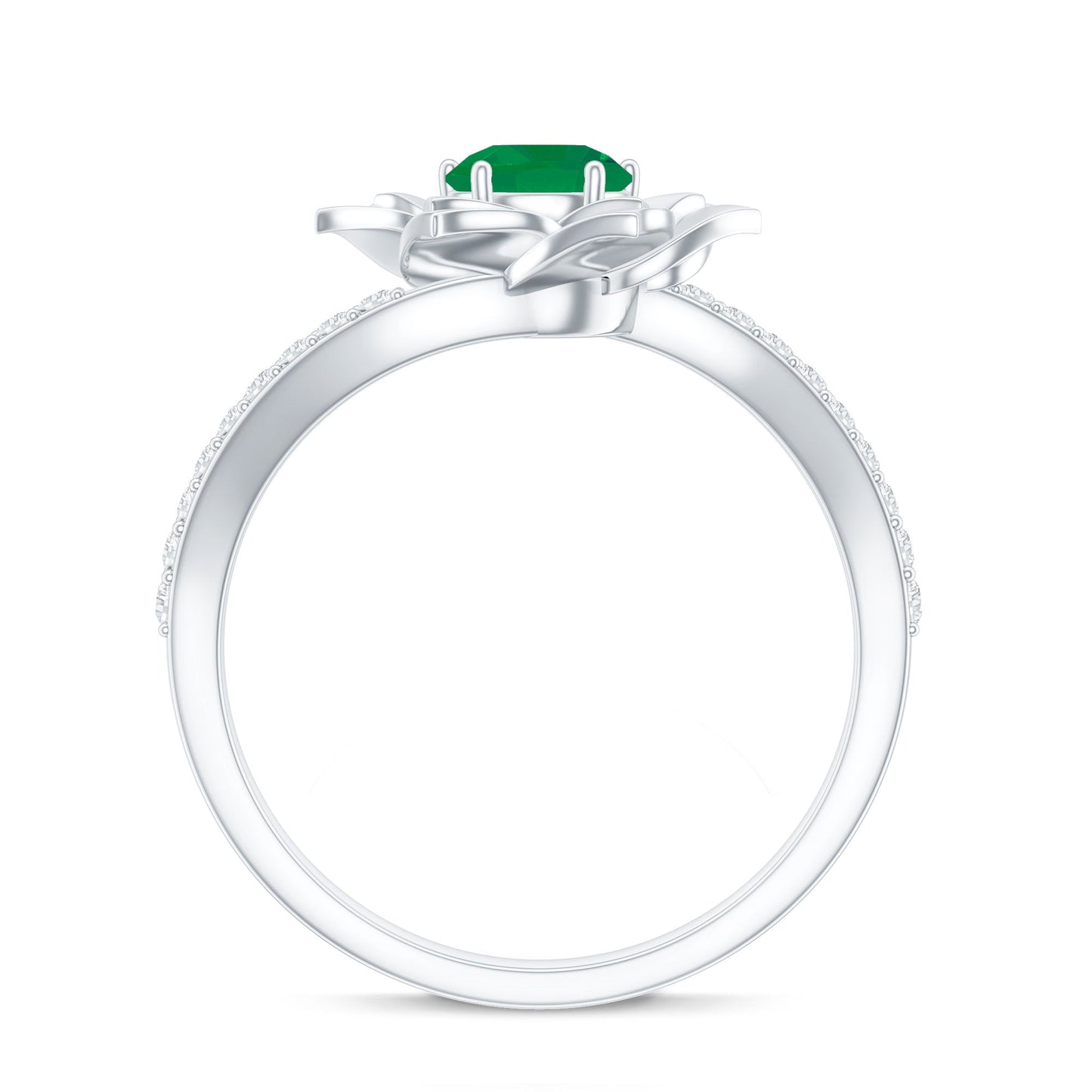 Certified Real Emerald Flower Engagement Ring with Diamond Bypass Shank