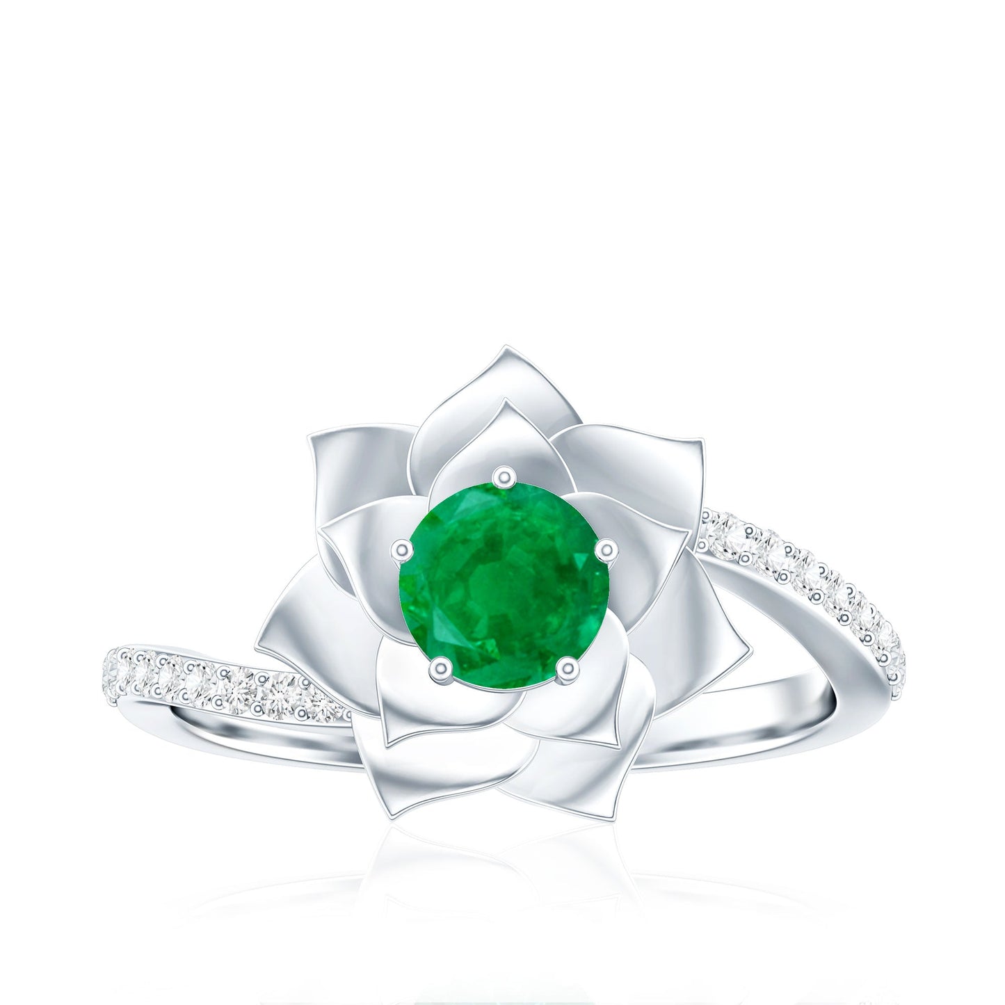 Certified Real Emerald Flower Engagement Ring with Diamond Bypass Shank