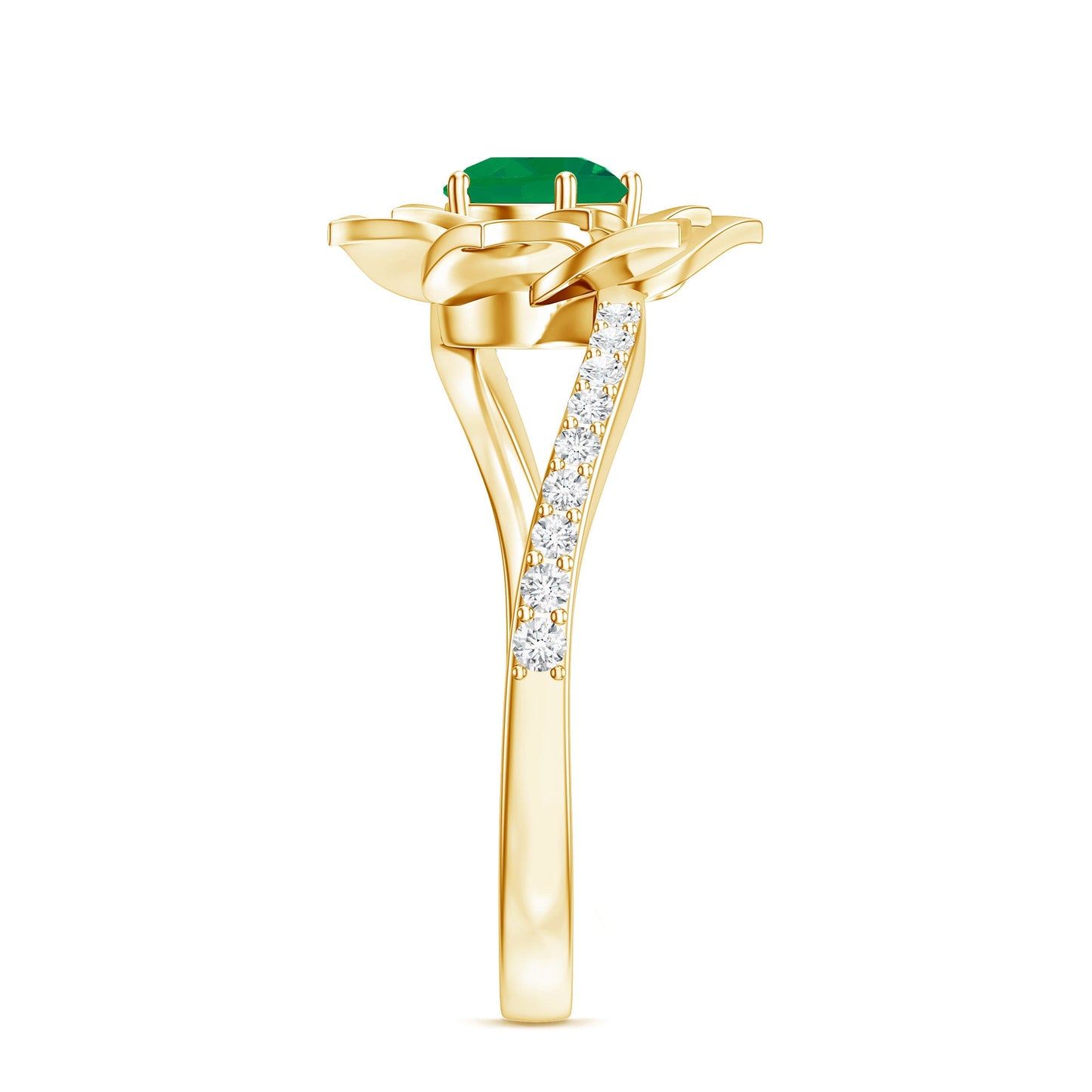 Certified Real Emerald Flower Engagement Ring with Diamond Bypass Shank